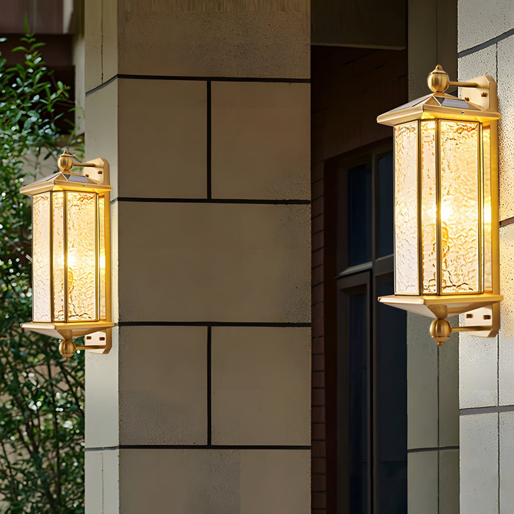 outdoor wall light with elegant brass and glass lantern in copper finish