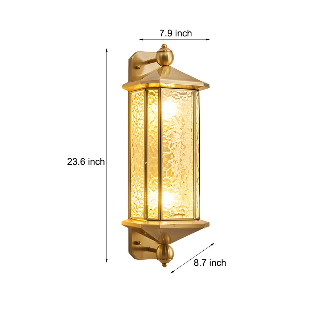 outdoor wall light with elegant brass and glass lantern in copper finish