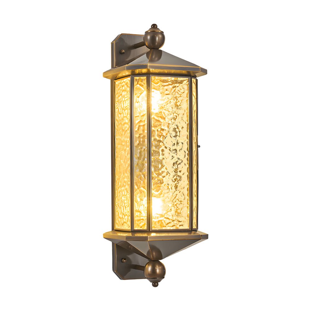 outdoor wall light with elegant brass and glass lantern in copper finish