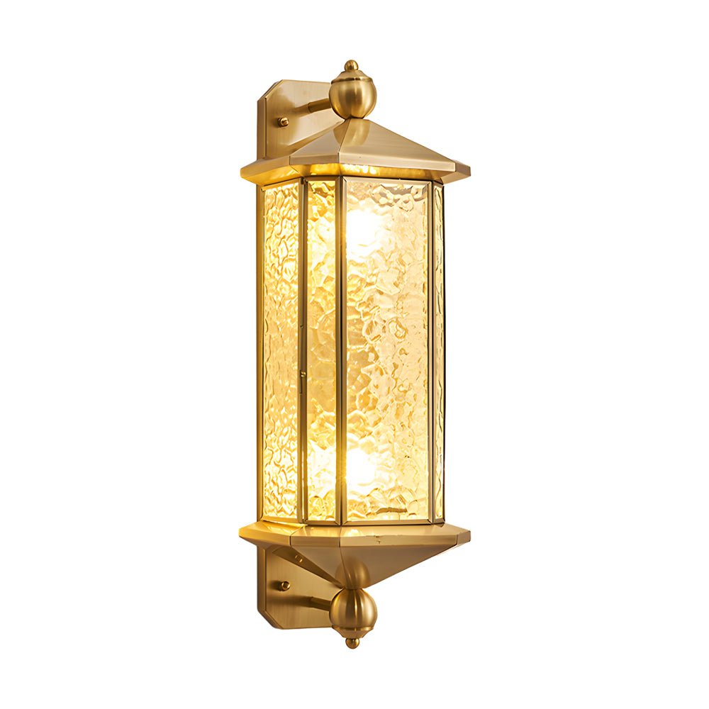 outdoor wall light with elegant brass and glass lantern in copper finish