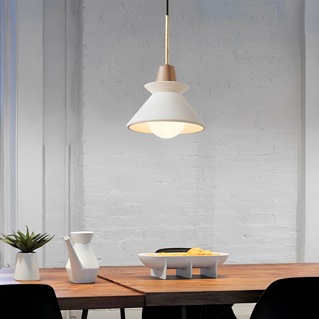 Cone Mini Pendant — White Cement with Wood Grain, E27 LED, 4000K, 9.25" Diameter