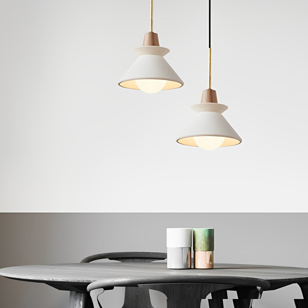 Cone Mini Pendant — White Cement with Wood Grain, E27 LED, 4000K, 9.25" Diameter