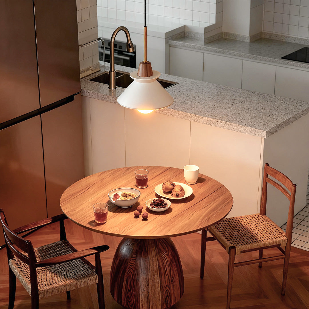Cone Mini Pendant — White Cement with Wood Grain, E27 LED, 4000K, 9.25" Diameter