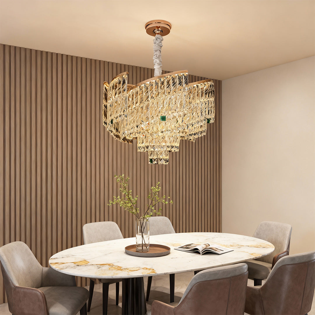 Crystal Pendant Chandelier — Champagne Gold-Plated Carbon Steel, Three-Color Dimming, LED, Adjustable Hanging Length