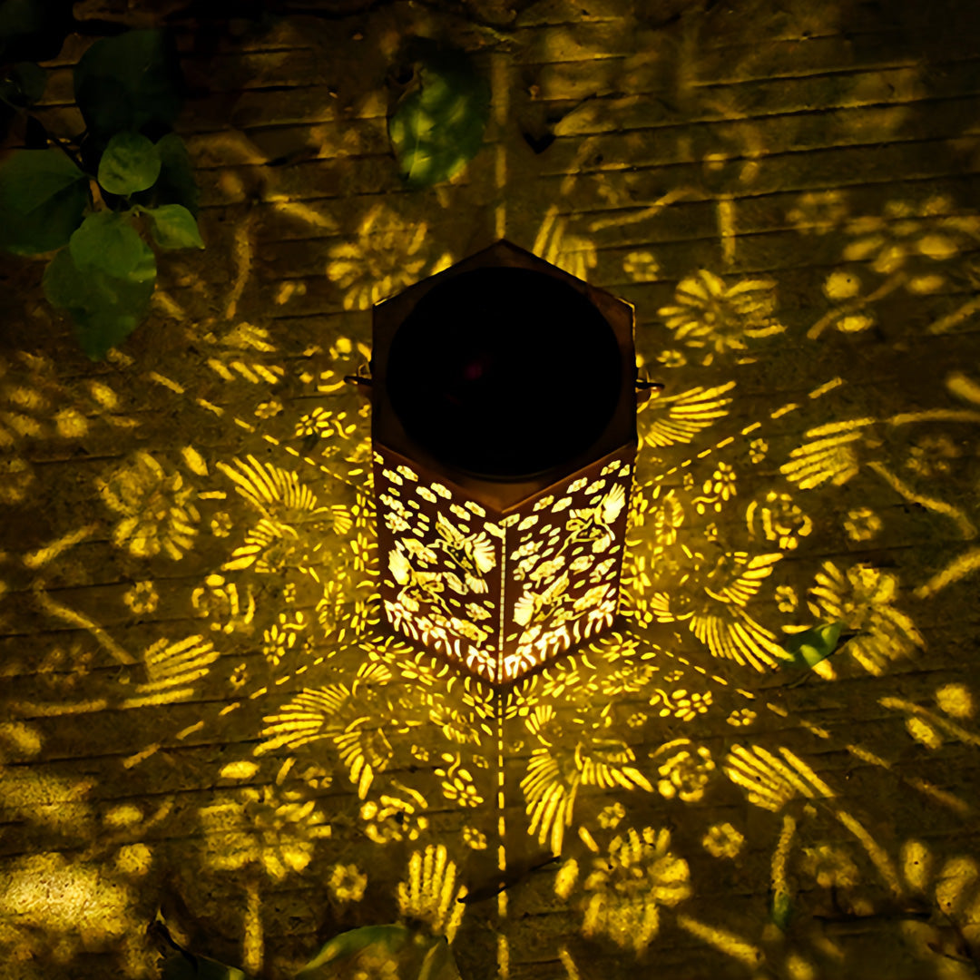 Hollow-Out Hexagonal Solar Outdoor Lantern — Copper-Red Wrought Iron, 0.5W Warm LED, IP44, 600mAh, Nature Motifs