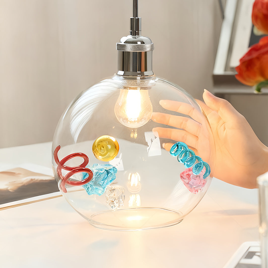 Memphis Geometric Iridescent Glass Globe Mini Pendant — White Metal Frame, E27, 1-Light, 20cm, Adjustable 2m Chain