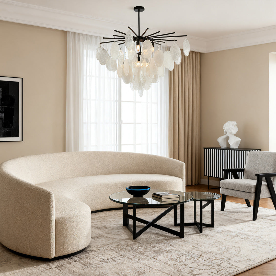 Minimalist Mother-of-Pearl Cone Chandelier — Matte Black Metal, Transparent Glass, Adjustable 36" Rod, E12
