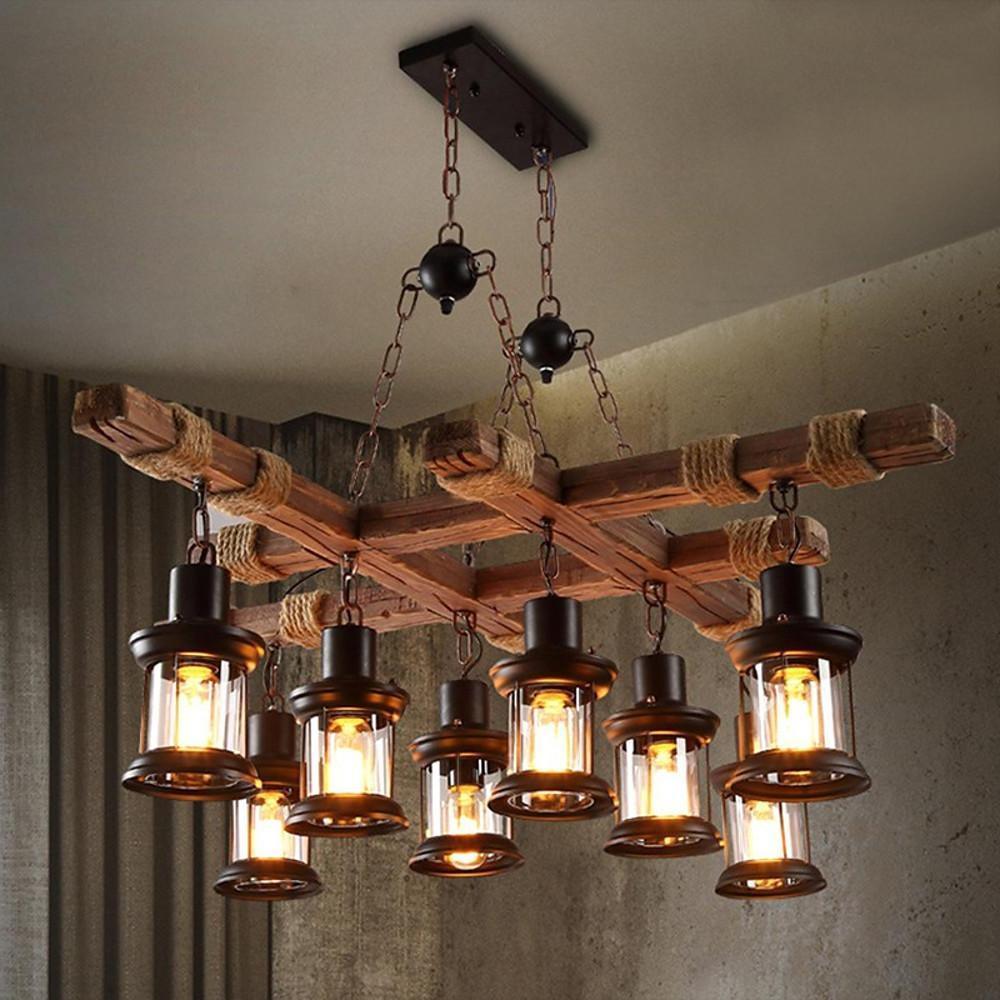 Vintage Farmhouse Geometric Chandelier — Wood and Glass, 39" Adjustable Cord, LED-Compatible