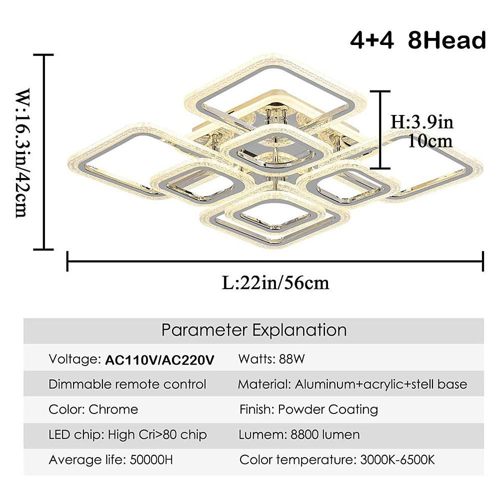5-Light Square Flush-Mount Ceiling Light — Acrylic, Chrome & White, Dimmable LED, 3000K/4500K/6000K, Remote Control, 22"