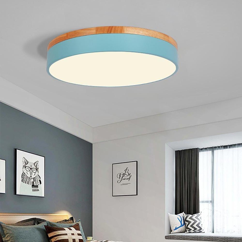 Circular Drum LED Flush-Mount Ceiling Light — Metal and Wood, 16", Three-Color Dimming, Remote Control