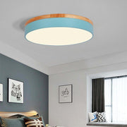 Circular Drum LED Flush-Mount Ceiling Light — Metal and Wood, 16", Three-Color Dimming, Remote Control