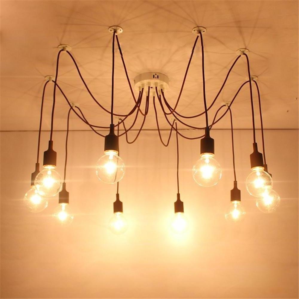 10-Head Cluster Spider Multi-Light Pendant — Aluminum, Fabric Cable, Acrylic Shades, 40W LED, DIY Adjustable, Industrial or Modern