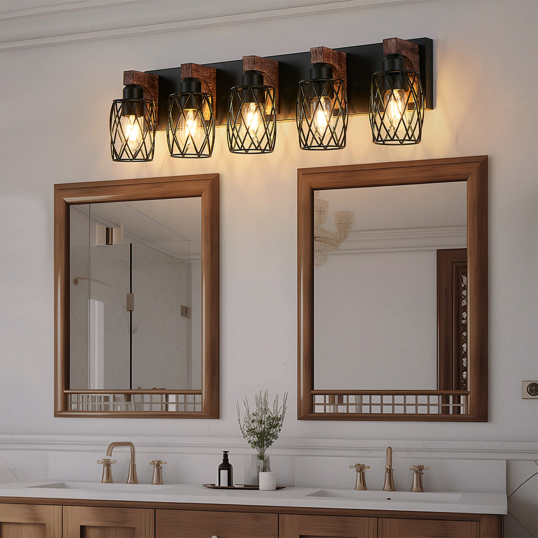 Metal Cage Bathroom Vanity Light — Black Finish, Walnut Wood, 3-to-7-Light, E26