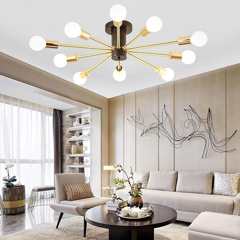 Geometric Sputnik Semi Flush-Mount Chandelier — Metal, Gold, 10-Light E26/E27, 43" Wide