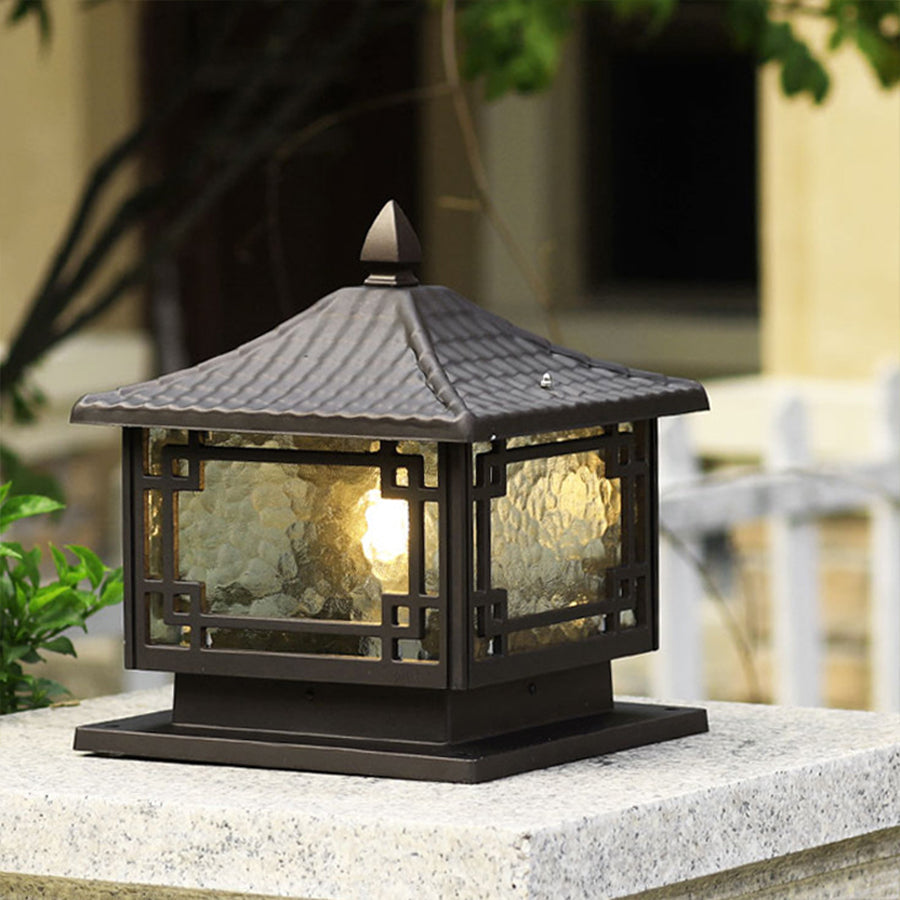 Retro Square Lantern Outdoor Pillar Light — Die-Cast Aluminum, Coffee Gold, E27, IP54, 3-Step Dimming, Solar or Hardwired