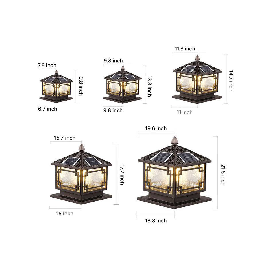 Retro Square Lantern Outdoor Pillar Light — Die-Cast Aluminum, Coffee Gold, E27, IP54, 3-Step Dimming, Solar or Hardwired