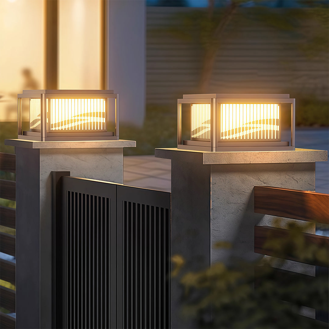 Contemporary Wave-Pattern Outdoor Pillar Light — Aluminum & Acrylic, Solar / Hardwired, Four-Color LED, IP54, 9.8"–15.8"
