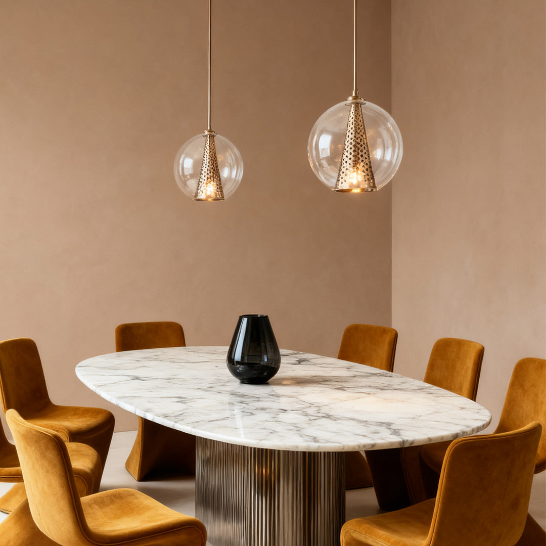 Glass Ball and Perforated Cone Pendant — Natural Copper, Italian Minimalist, E26, Adjustable Rod