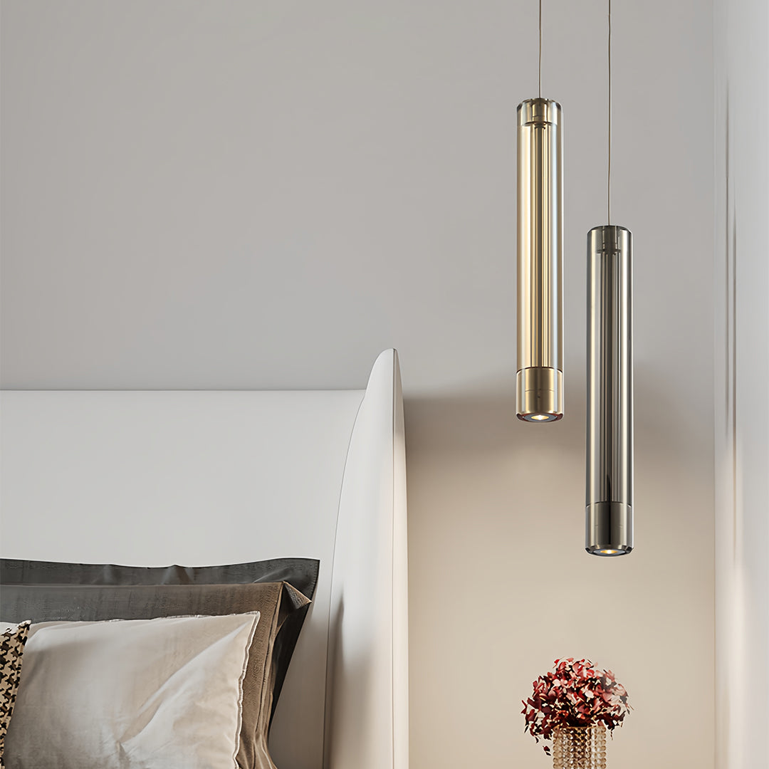 Minimalist Crystal Cylinder Mini Pendant — Metal, Single-Light, Amber or Smoke Gray, 2W, Adjustable Cord