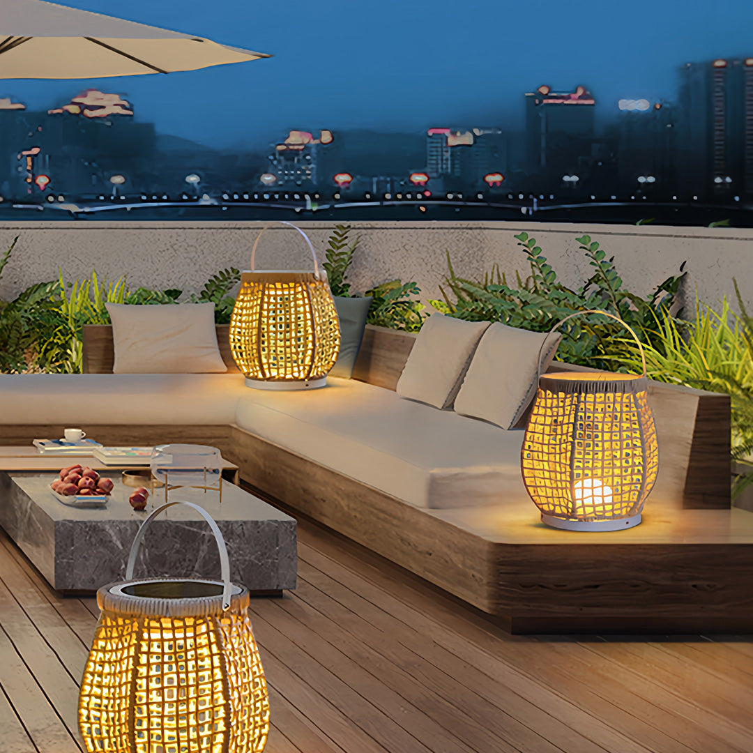 Woven Outdoor Lantern with Handle — Metal & Rattan, Portable, 10W Plug-in / USB Rechargeable / Solar, 4000mAh, IP-Rated