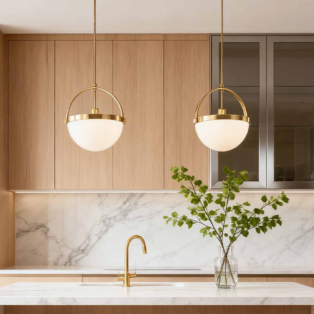 Minimalist Gold and White Pendant Light — Full Copper Body, Frosted Glass Cylinder Shade, E26, 1-Light