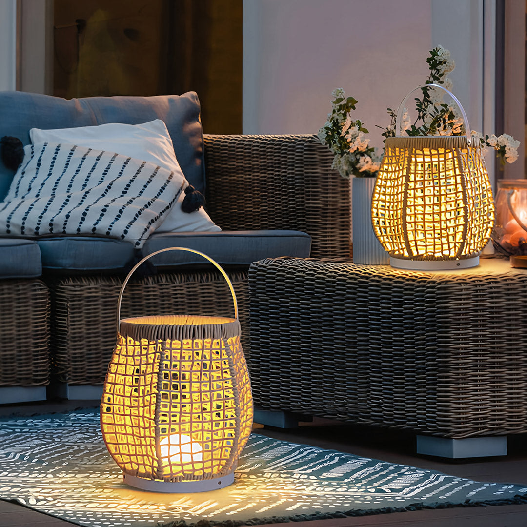 Woven Outdoor Lantern with Handle — Metal & Rattan, Portable, 10W Plug-in / USB Rechargeable / Solar, 4000mAh, IP-Rated