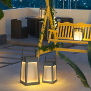 Portable Camping Lantern — Stainless Steel, Black, LED Warm Light, Solar or USB Rechargeable, IP65 Weatherproof, 13" & 15.8"