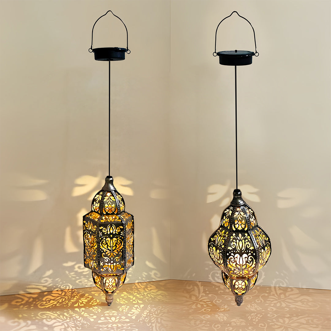 Moroccan Hollow Solar Outdoor Lantern — Wrought Iron, 0.5W Warm LED, 600mAh, IP44, Round or Rectangular