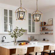 Industrial Gold Lantern Pendant — Black and Gold Iron, 4-Light E12, Adjustable Chain, Acrylic Shade