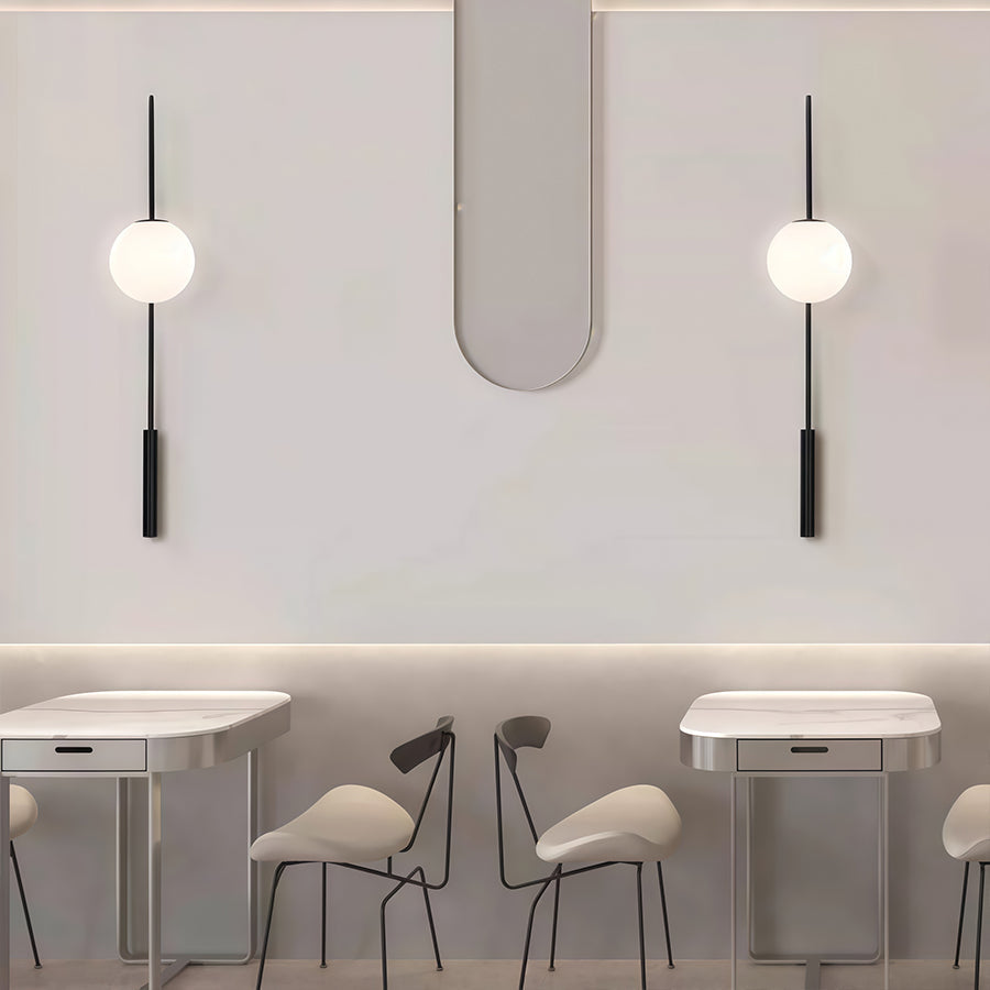 Long-Arm Wall Sconce — Black Iron, E14, Interchangeable Round Glass or Trumpet Shade, Three-Step Dimming, Hardwired
