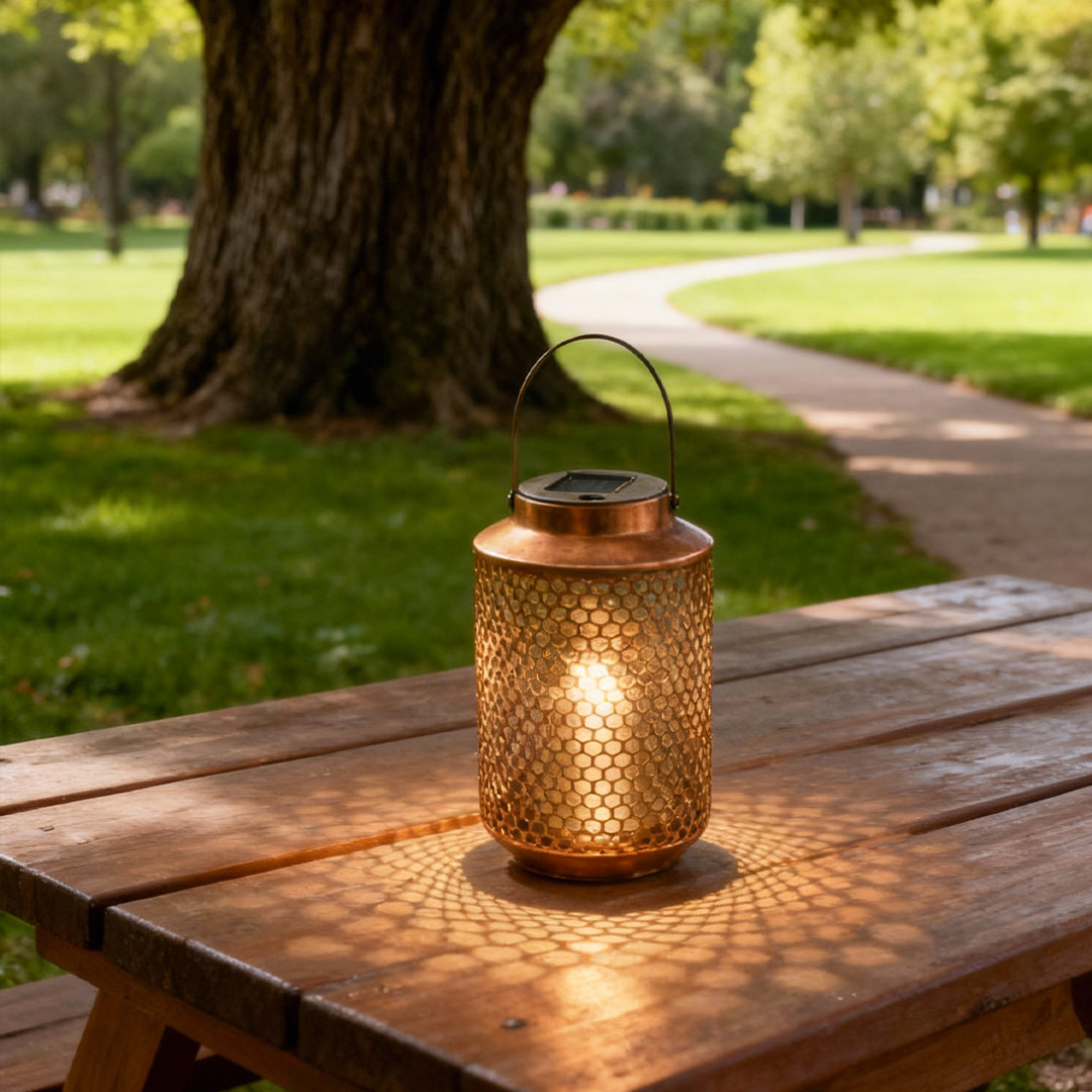 Retro Iron Art Portable Solar Lantern — Copper, Perforated, 0.5W LED, 600mAh, IP54