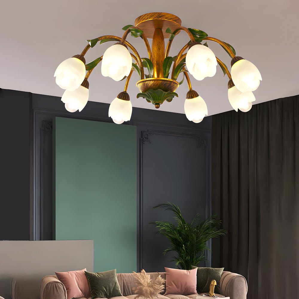 Flower Floral Chandelier — Antique Iron and Glass, 3-Step Dimming, 3000K/4500K/6000K, 6-, 8-, or 10-Light