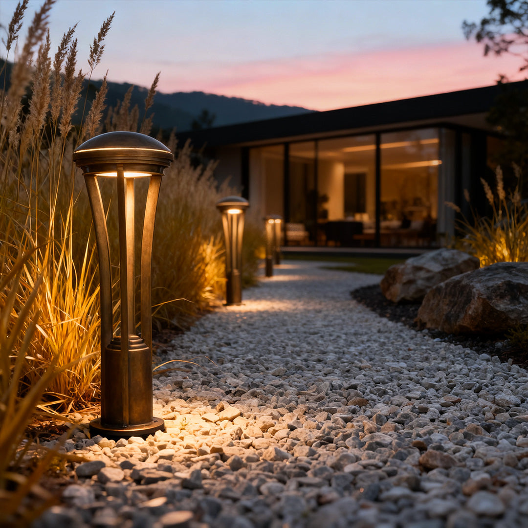 Antique Copper Outdoor Path Light Stake — Clear Glass Shade, 18W LED, IP55, 29.3", Hardwired