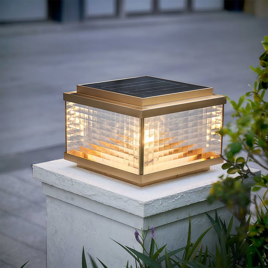 All-Copper Outdoor Pillar Cap Light — Transparent Glass, Solar / Hardwired, Four-Color Remote Control, 2200mAh, Four Sizes