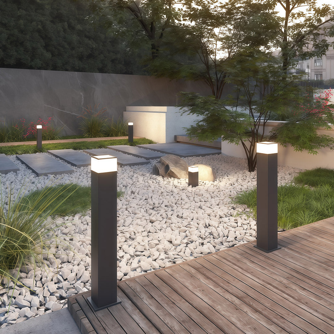Modern Square Bollard Path Light — Black Aluminum, White Acrylic, 7W LED, 3000K, IP54, Available in 15.8", 23.6", 31.5"