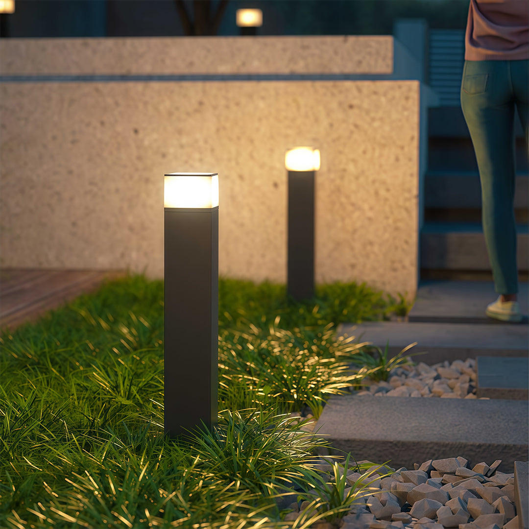 Modern Square Bollard Path Light — Black Aluminum, White Acrylic, 7W LED, 3000K, IP54, Available in 15.8", 23.6", 31.5"