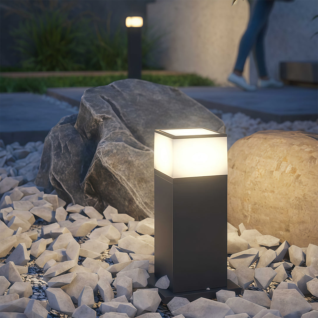 Modern Square Bollard Path Light — Black Aluminum, White Acrylic, 7W LED, 3000K, IP54, Available in 15.8", 23.6", 31.5"