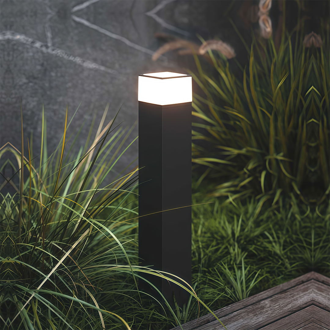 Modern Square Bollard Path Light — Black Aluminum, White Acrylic, 7W LED, 3000K, IP54, Available in 15.8", 23.6", 31.5"