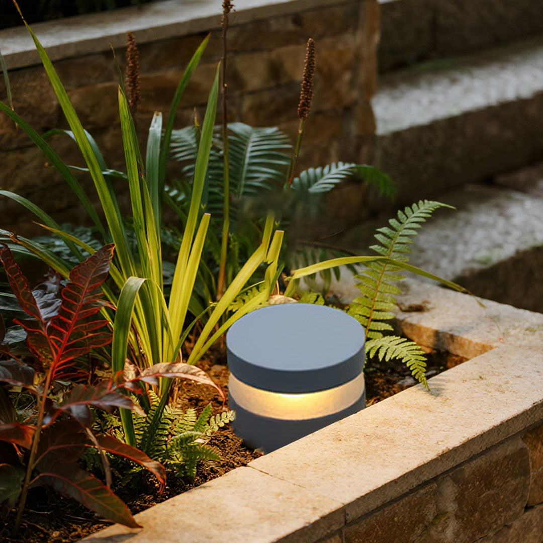 Minimalist Outdoor Bollard Light — Sand-Gray Aluminum and Glass, 12W LED, 3000K, IP65 Weatherproof, Hardwired, 110V