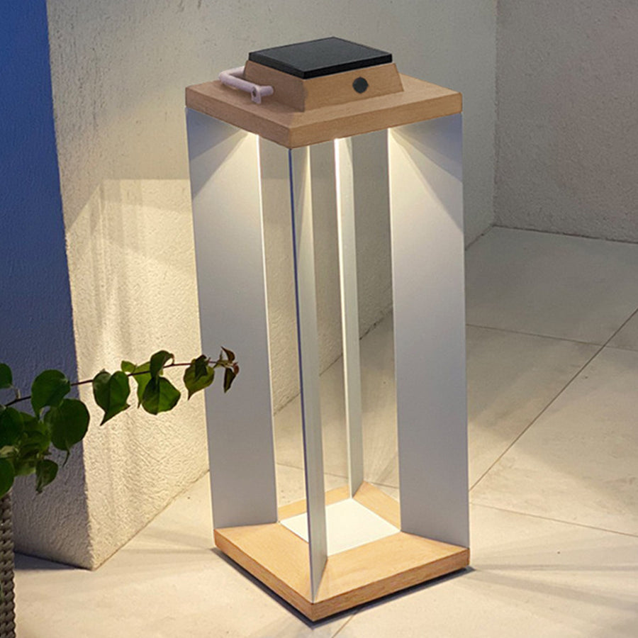 Modern Wood-Grain Outdoor Lantern — Stainless Steel, Solar / USB, 12W LED, 3000K, IP65, Dusk-to-Dawn, 16.9" or 25.6"