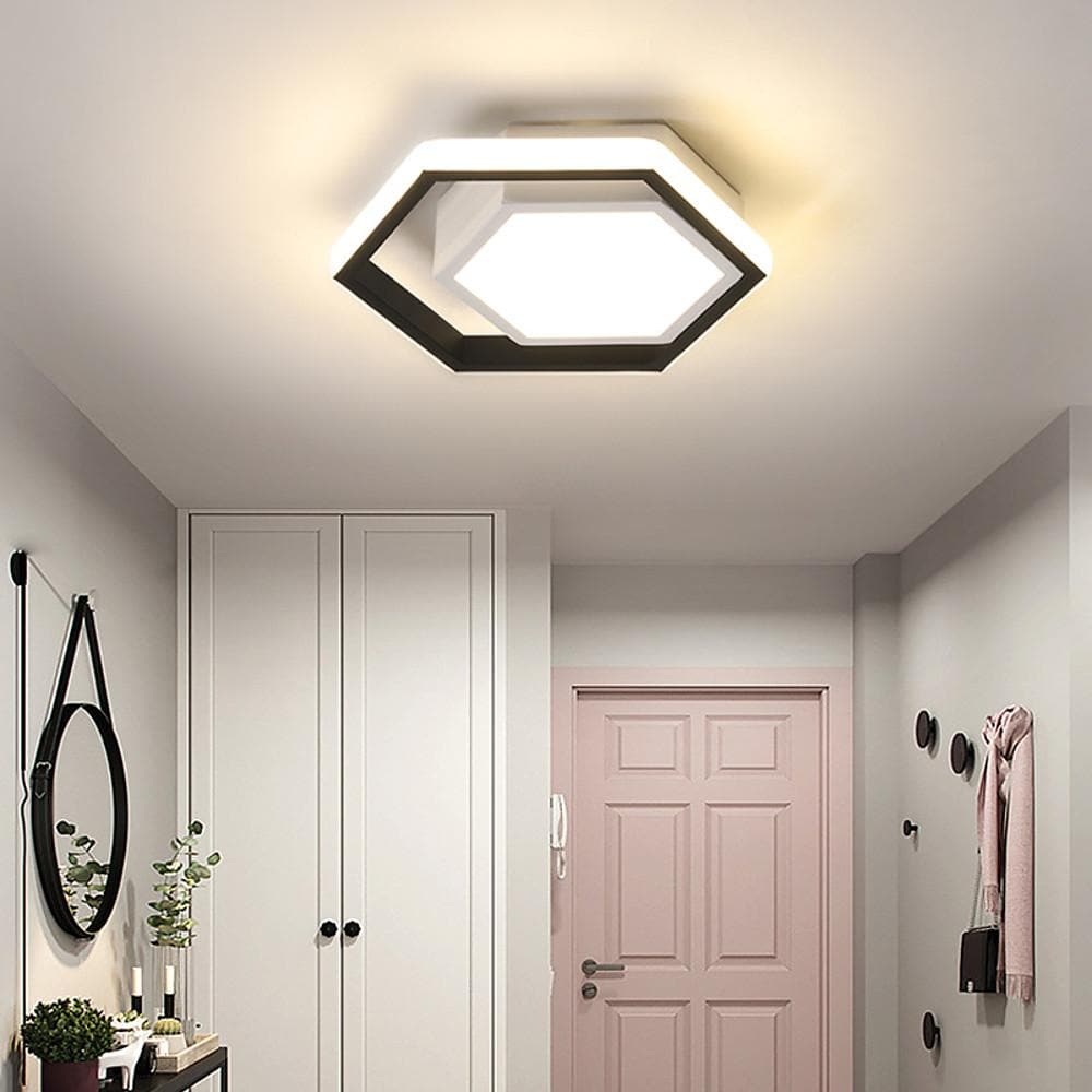 Hexagon LED Flush-Mount Ceiling Light — Metal, Black and White, 10" Geometric, Warm White / 6000K / 3-Step Dimming