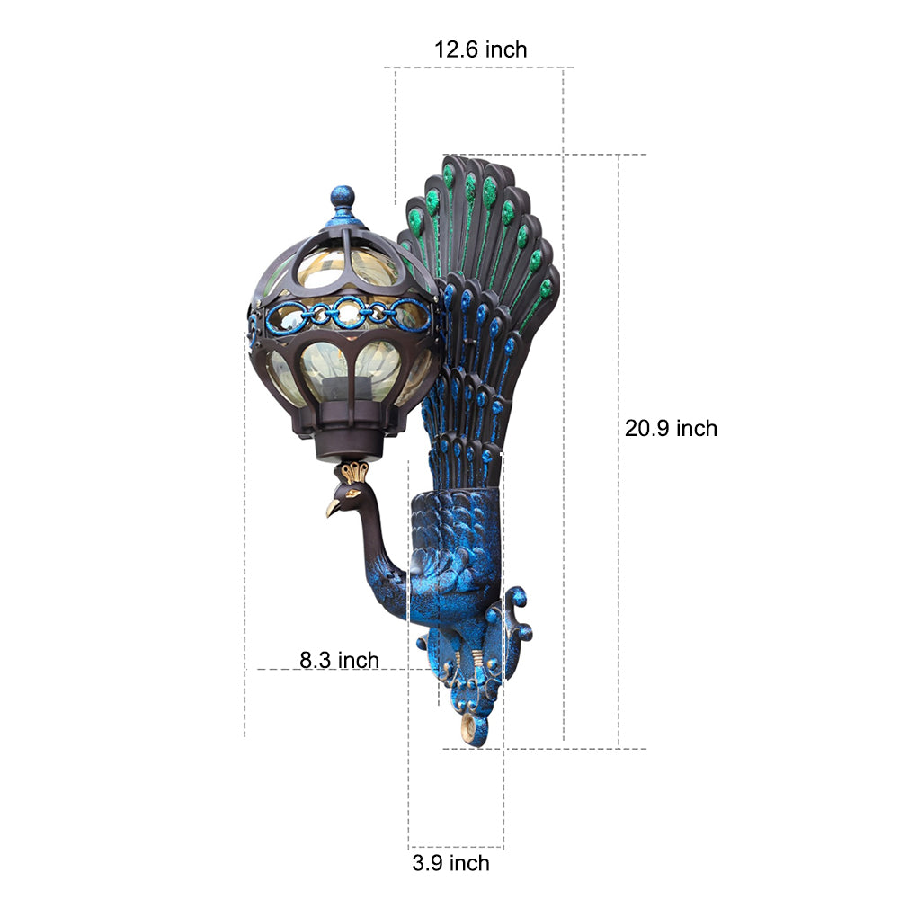 Peacock Outdoor Wall Sconce — Die-Cast Aluminum with Glass Shade, E27, IP55, 3000K, 1-Light