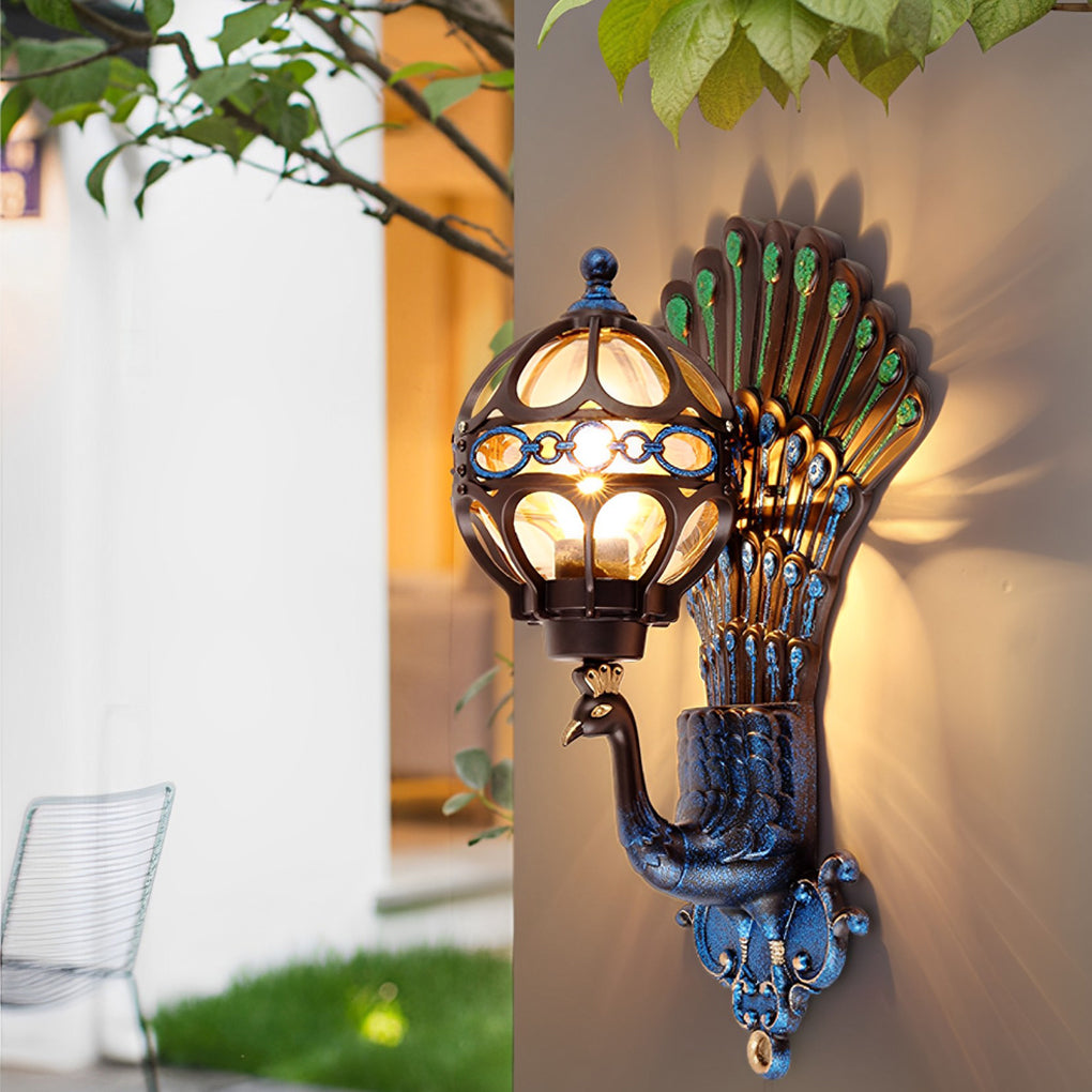 Peacock Outdoor Wall Sconce — Die-Cast Aluminum with Glass Shade, E27, IP55, 3000K, 1-Light