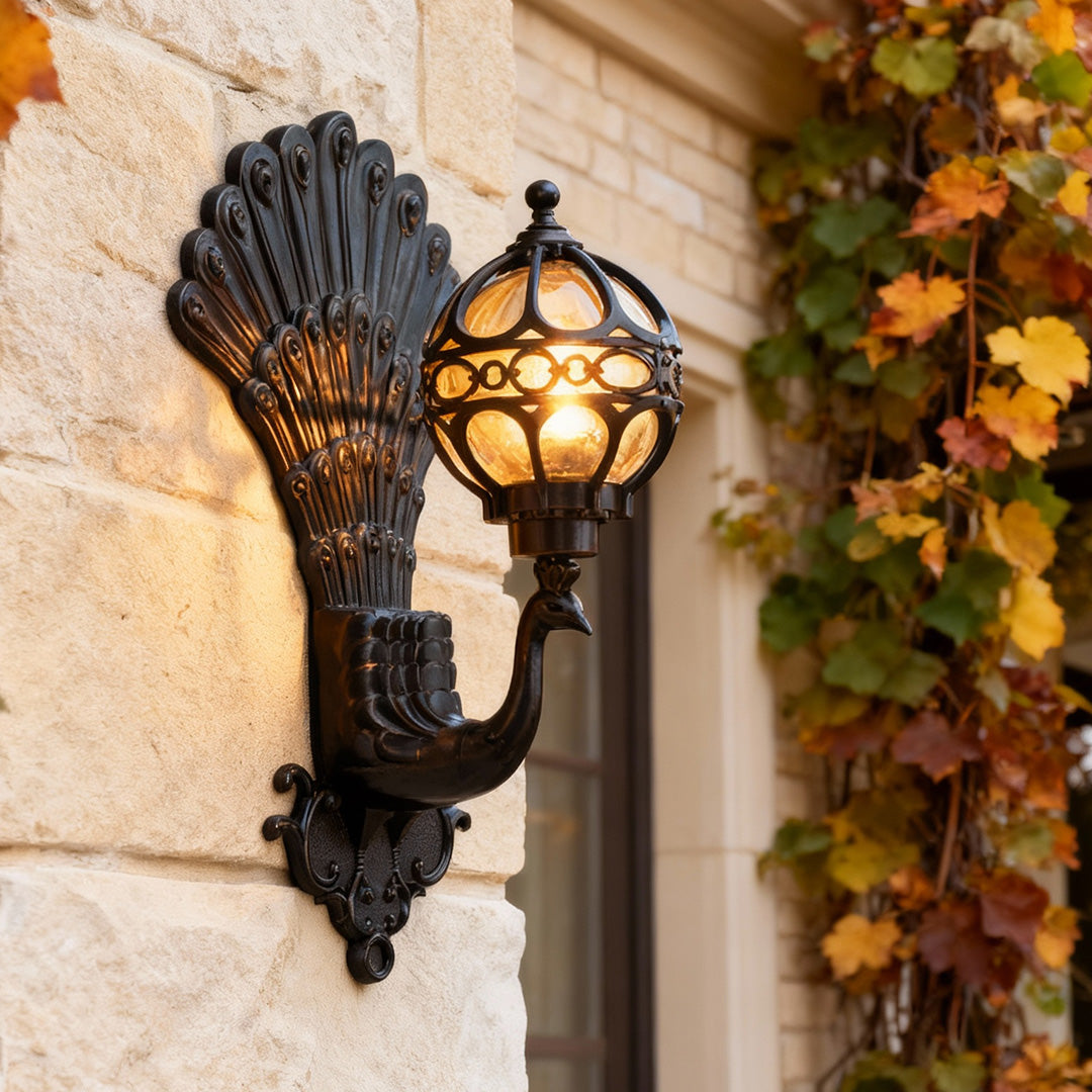 Peacock Outdoor Wall Sconce — Die-Cast Aluminum with Glass Shade, E27, IP55, 3000K, 1-Light