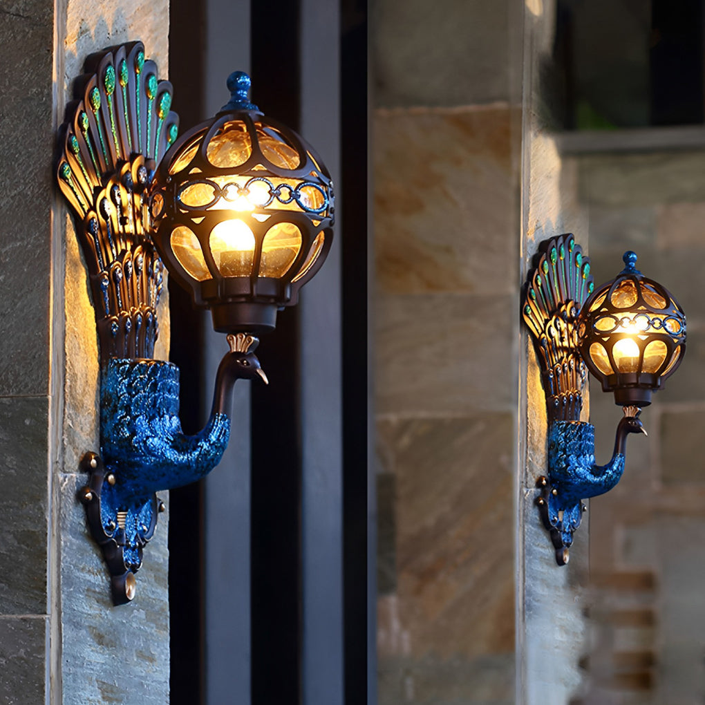 Peacock Outdoor Wall Sconce — Die-Cast Aluminum with Glass Shade, E27, IP55, 3000K, 1-Light