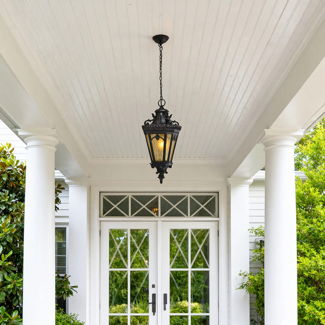 Classic Outdoor Hanging Pendant Light — Black Aluminum, Glass Shade, 18W, IP44 Weatherproof