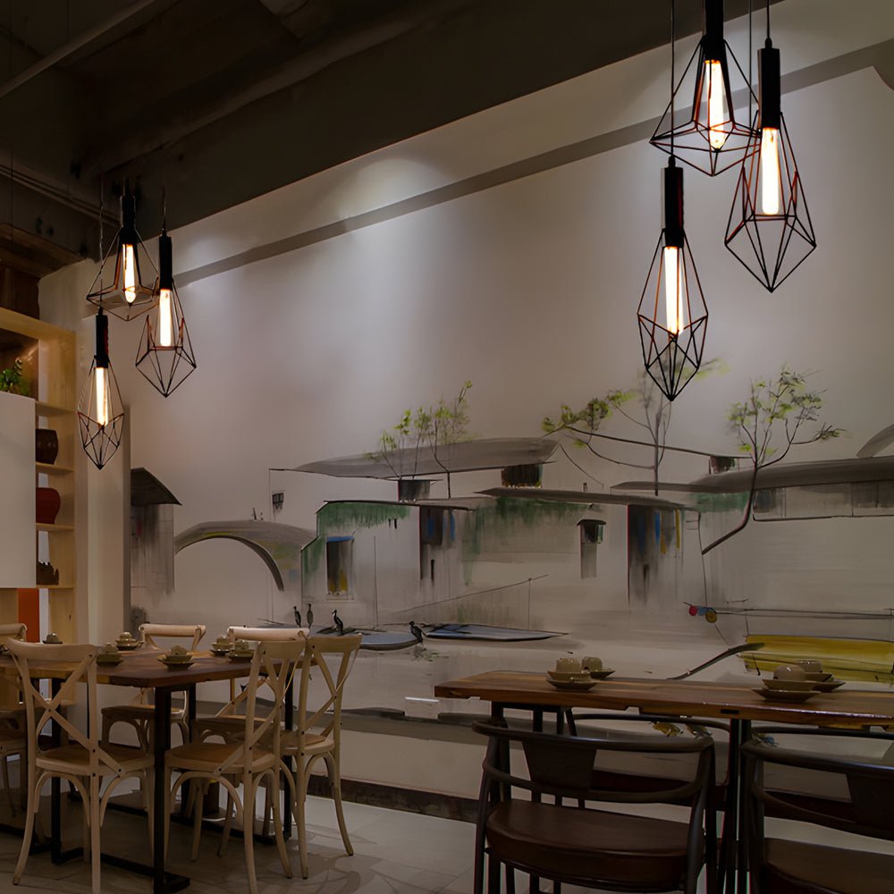 Geometric Lines Mini Pendant — Black Iron, Retro Industrial, E27, 3000K