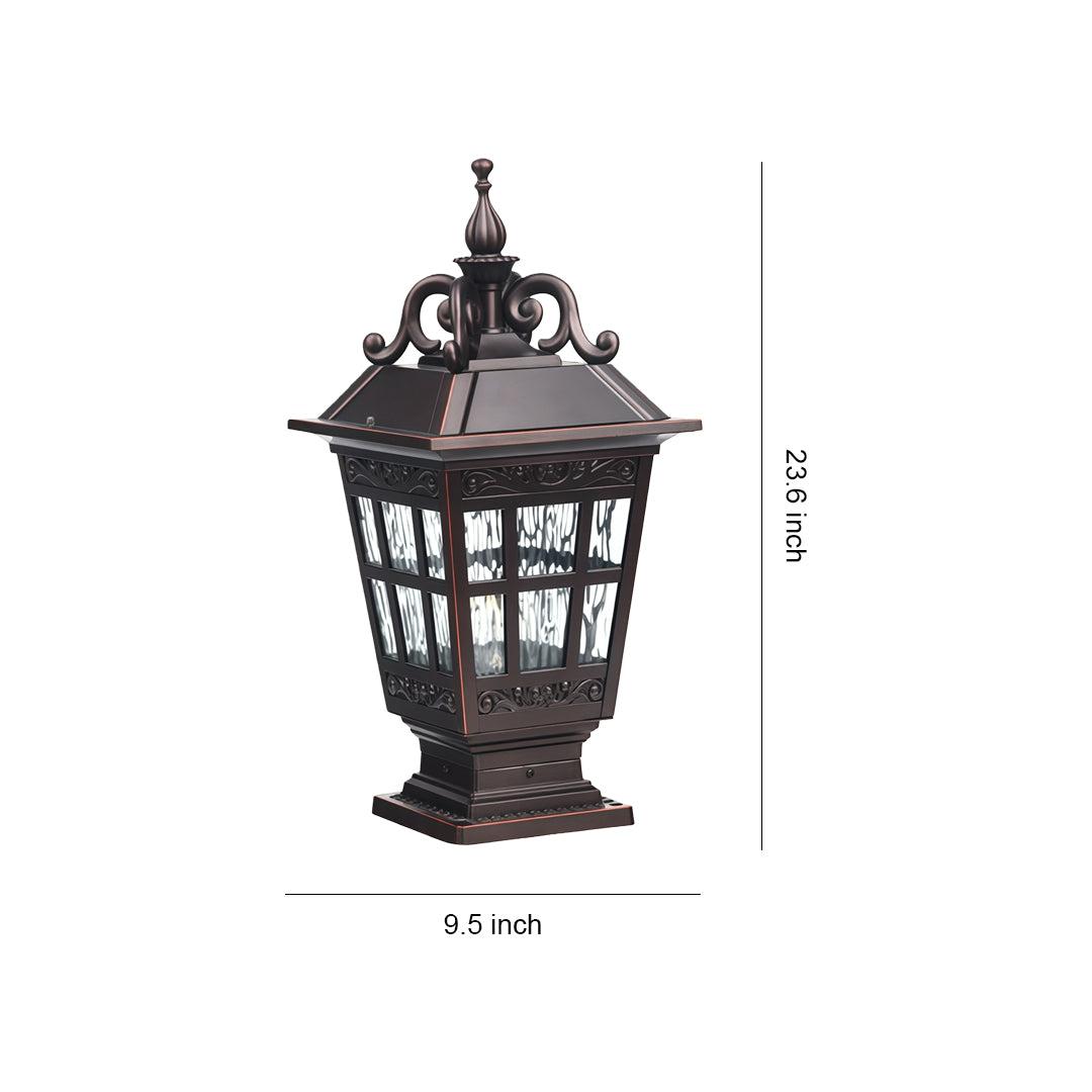 Vintage Carved Pillar Garden Light — Cast Aluminum with Glass Shade, 12W E27, IP44, 3000K Warm White