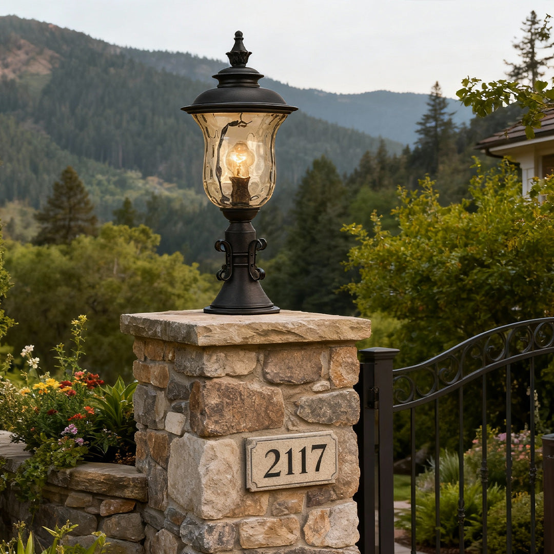 Classic Column Outdoor Pillar Gate Light — Sand-Black Aluminum, Clear Glass, 12W, IP44 Weatherproof