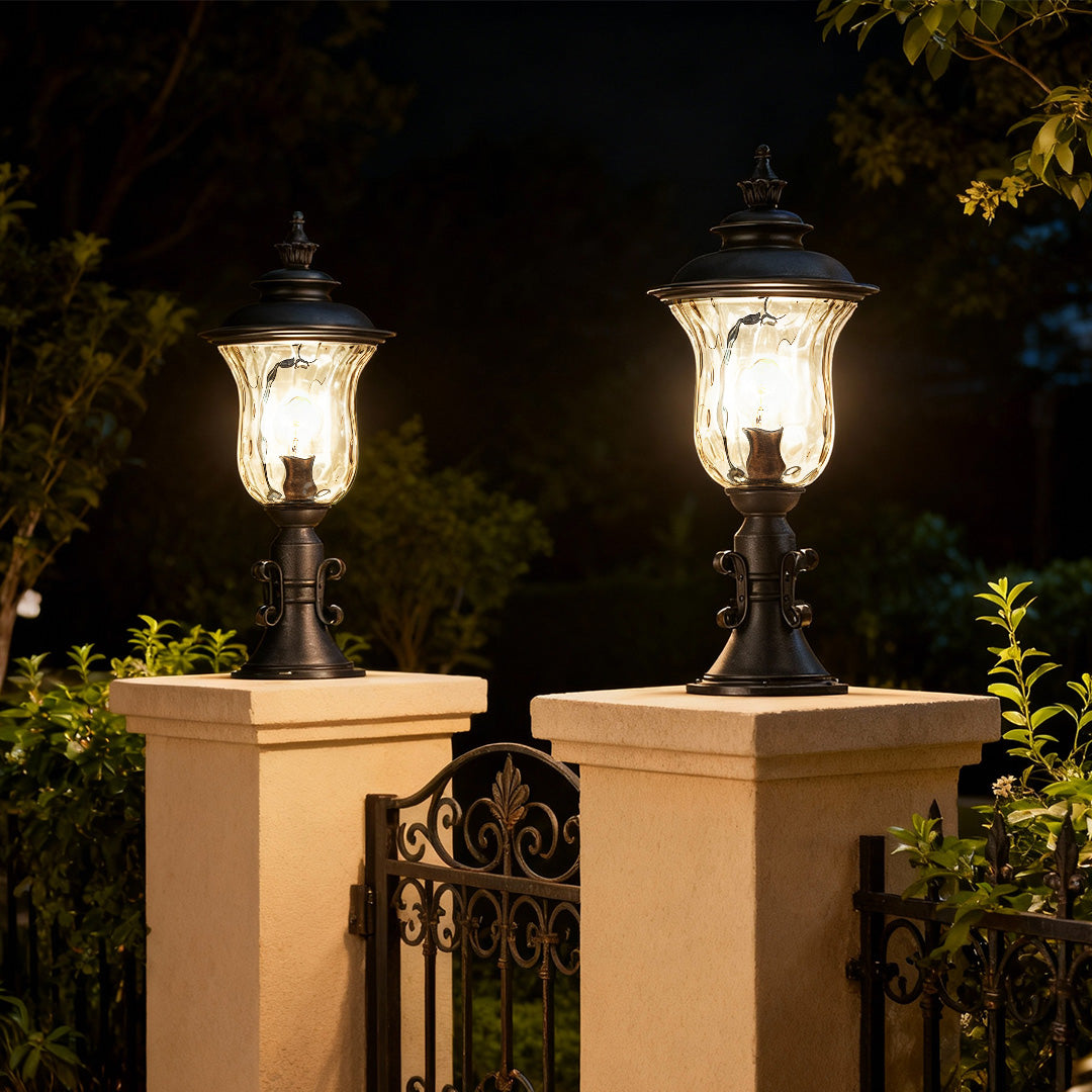 Classic Column Outdoor Pillar Gate Light — Sand-Black Aluminum, Clear Glass, 12W, IP44 Weatherproof